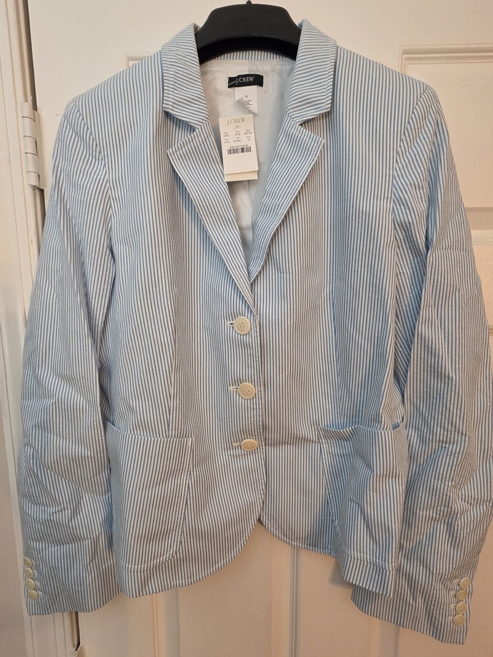 J. Crew Women's Light Blue Stripe Seersucker Blazer. Sz 12. NWT
